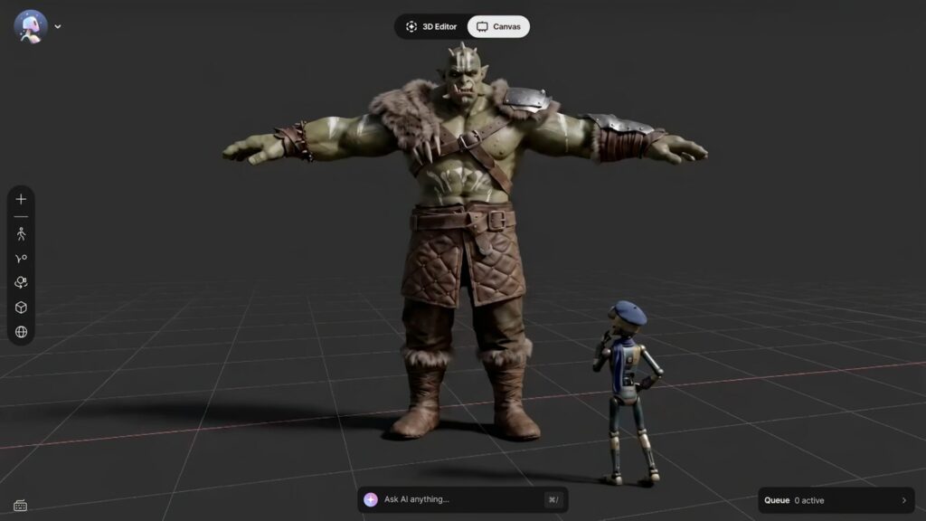 3D-hahmo T-asennossa ruudukolla pienen robottihahmon vieressä Flow Studion 3D-editorissa