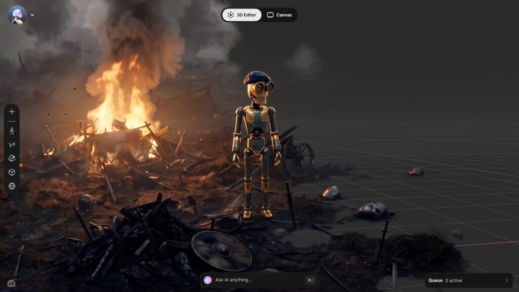 Flow Studion 3D-editorinäkymä, jossa stylisoitu robottihahmo palavalla taistelukentällä ja alhaalla tekoälykomentokenttä Ask AI anything