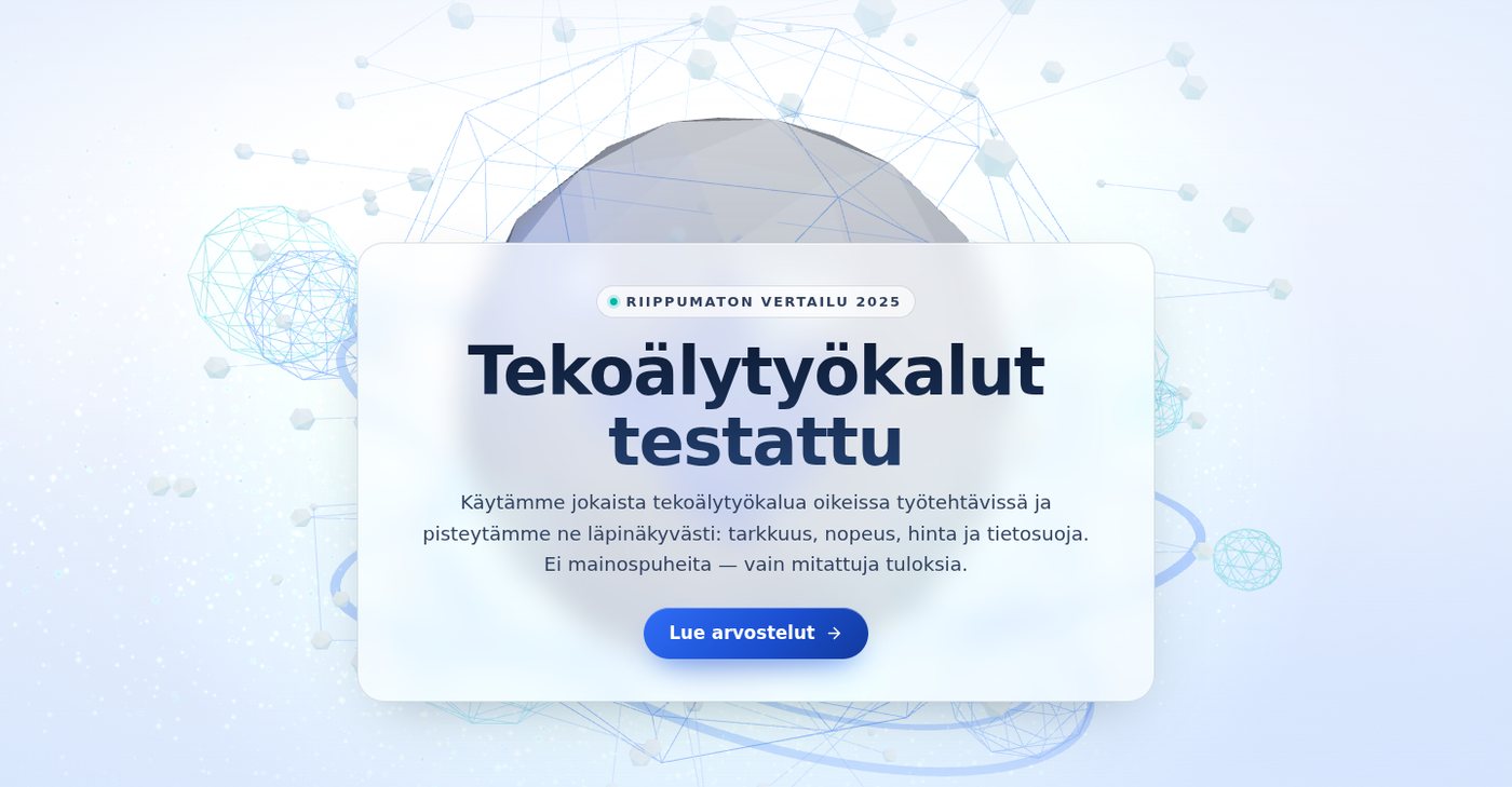 Claude Opus 5:n tuottama three.js-hero: laaja vaalea kohtaus, jossa on useita geometrioita ja pehmeä sumu