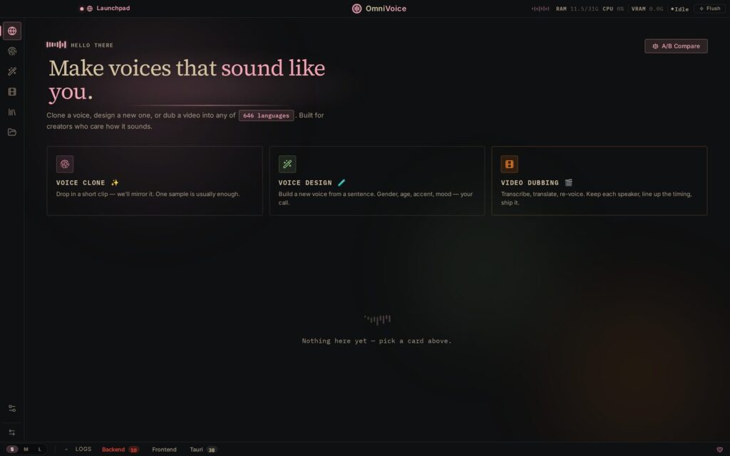 VoiceStudion aloitusnäkymä: kolme korttia otsikoilla Voice Clone, Voice Design ja Video Dubbing sekä ylhäällä RAM-, CPU- ja VRAM-mittarit
